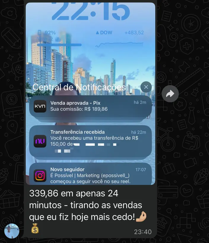 Print de aluno: R$ 339,86 em vendas em 24 minutos