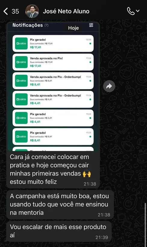 Print de conversa do aluno José Neto com as primeiras vendas