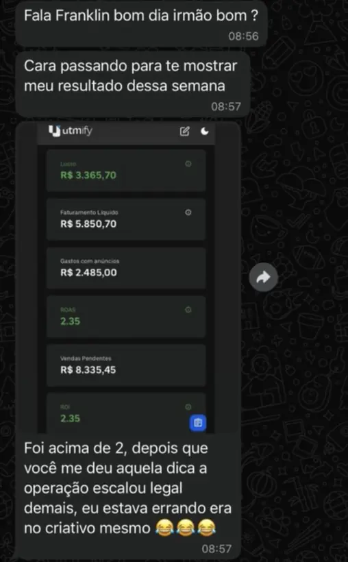 Print de aluno com o resultado da semana no painel da Utmify
